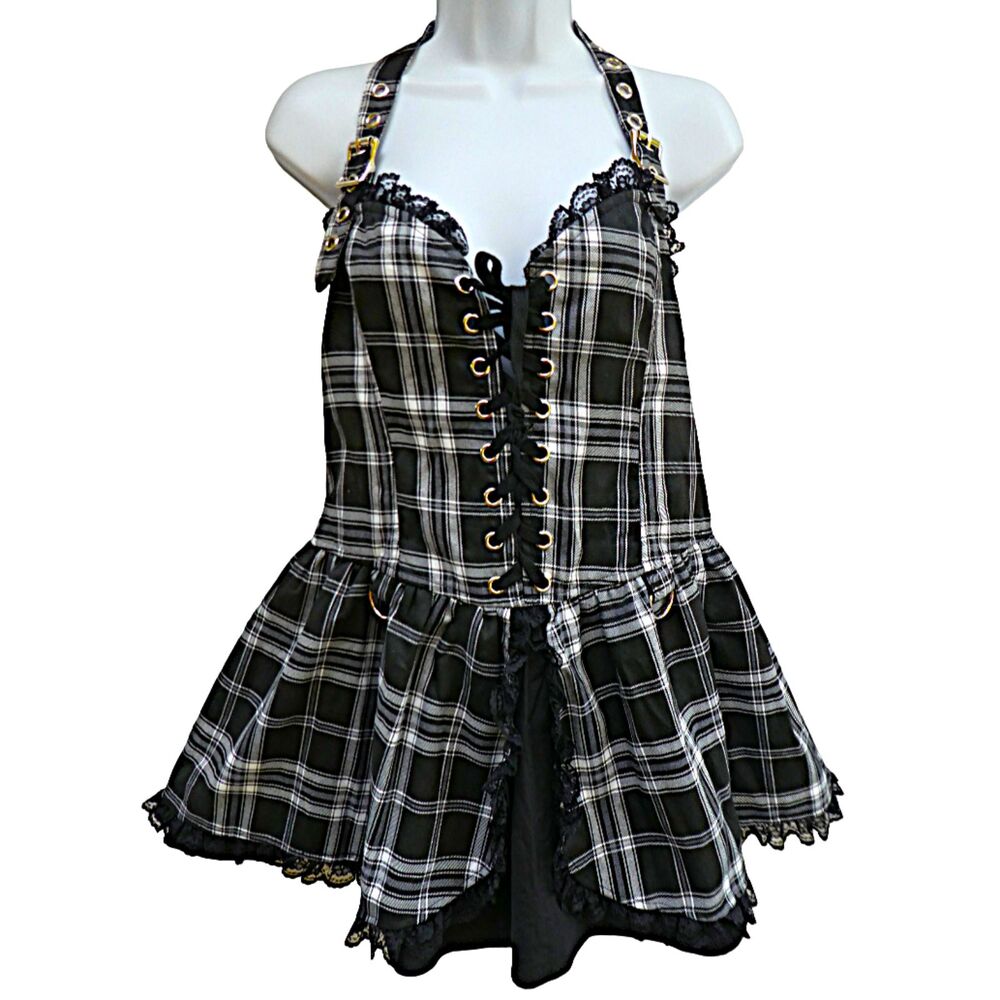 NEW Lip Service USA Mall Goth Y2K Punk Plaid Tart N Tiny Skater Dress Lace Trim